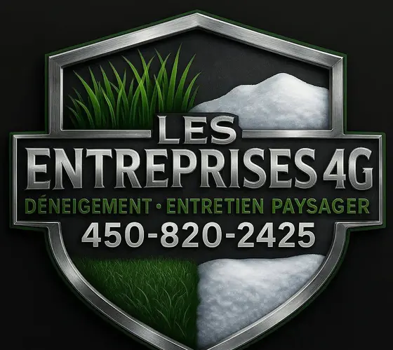 Écusson Les Entreprises 4G : bouclier chrome moitié gazon moitié neige, « Déneigement · Entretien paysager », 450-820-2425